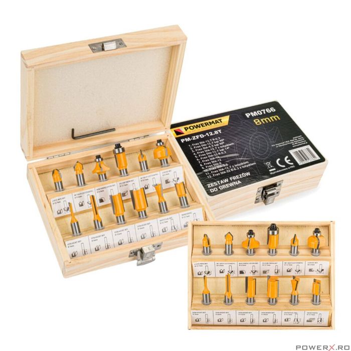 Set 12 freze lemn profesionale pentru freza, oberfreza prindere 8 mm,