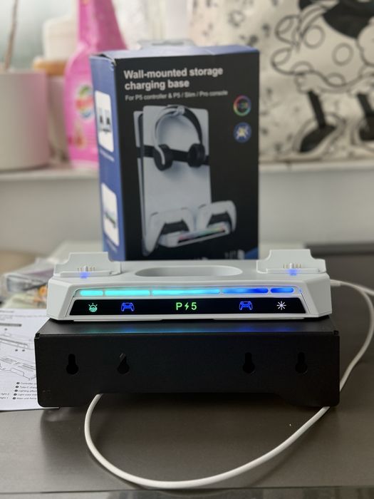 Kit suport perete pentru PS5 Slim,Pro/Incarcator Dual,Iluminare RGB