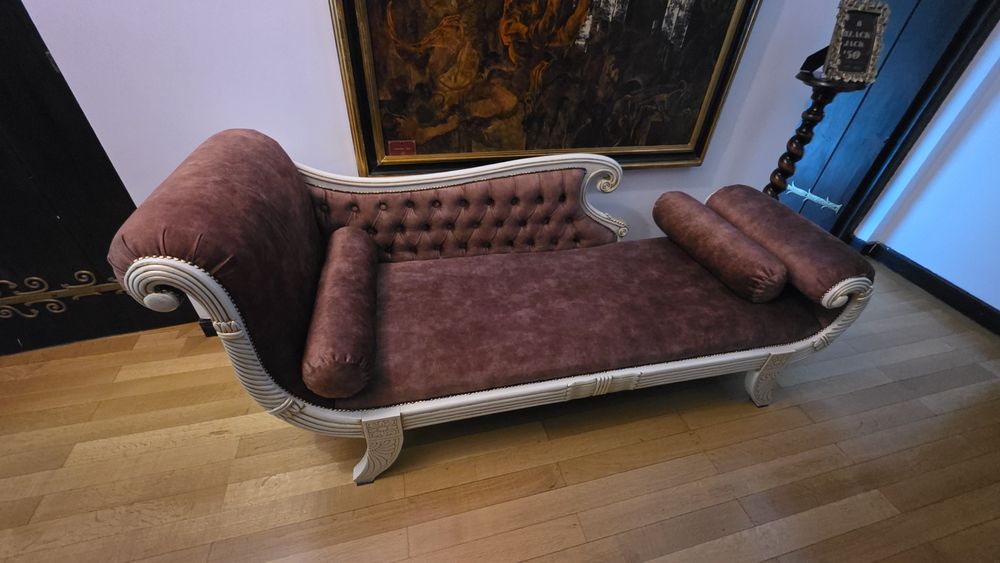 Șezlong recamier stil Empire, lemn masiv sculptat, catifea – piesă de colecție
