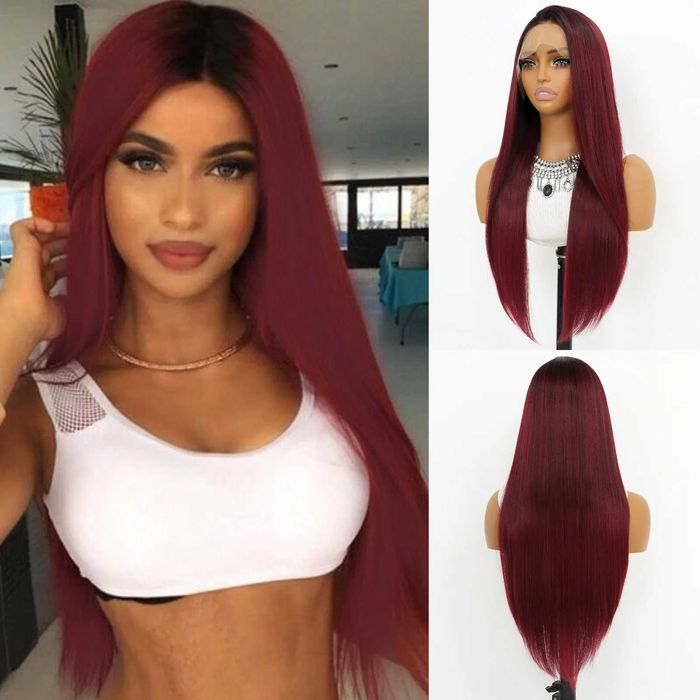 Бордо синтетична перука с тъмни корени и с дантела отпред 13x4