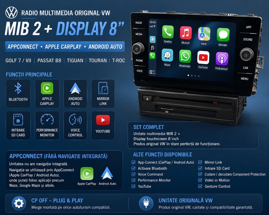 Unitate Passat  Golf 7 VII WAZE GOOGLE CarPlay Android AUTO VW MIB2