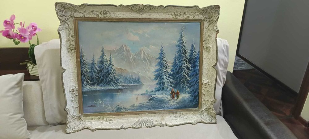 Tablou vechi, peisaj de iarna, Girotti. Pictura in Panza