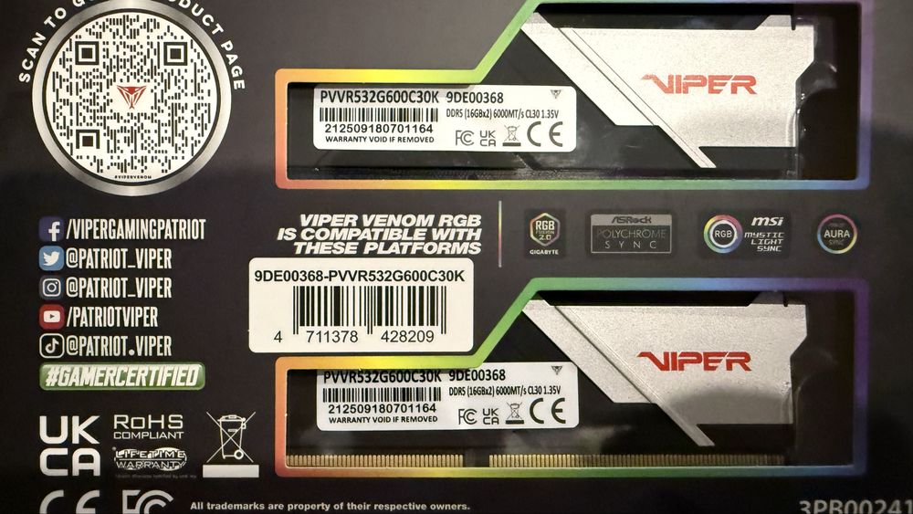 Kit Memorie RAM Patriot Viper Venom RGB 32GB (2x16GB) DDR5 6000MHz CL30, Sigilat