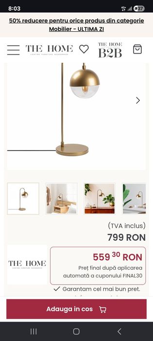 Veioza aurie eleganta din metal 53 cm Horn The Home Collection
