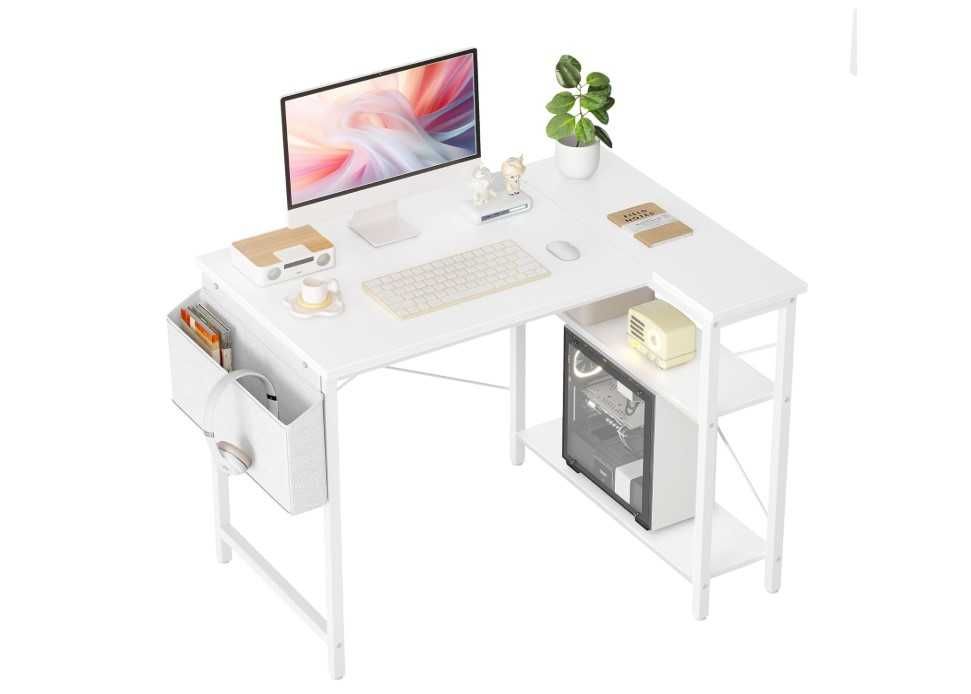 Birou Gaming în L, Reversibil, cu Rafturi de Depozitare, 100 × 70 cm, Alb