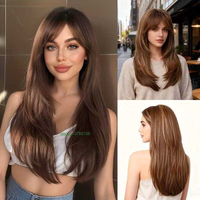 Кафява перука с фини руси кичури и дълъг бретон