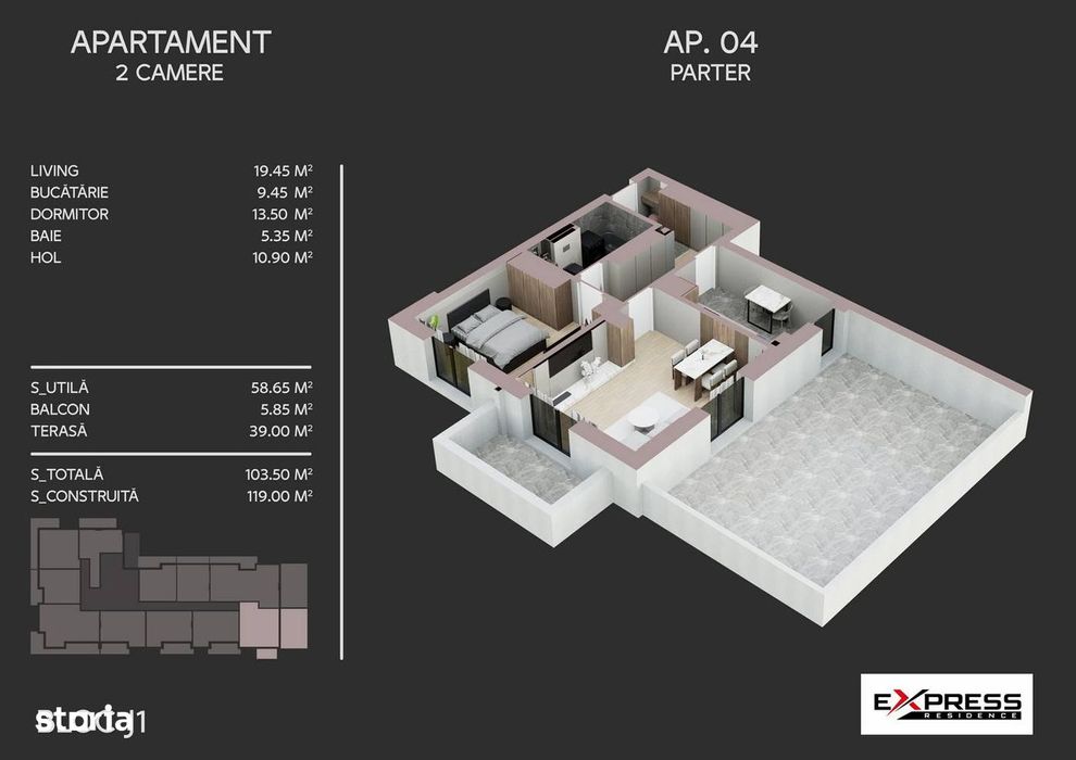 Apartament 2 camere, balcon, terasa 39mp,Express Residence Metalurgiei