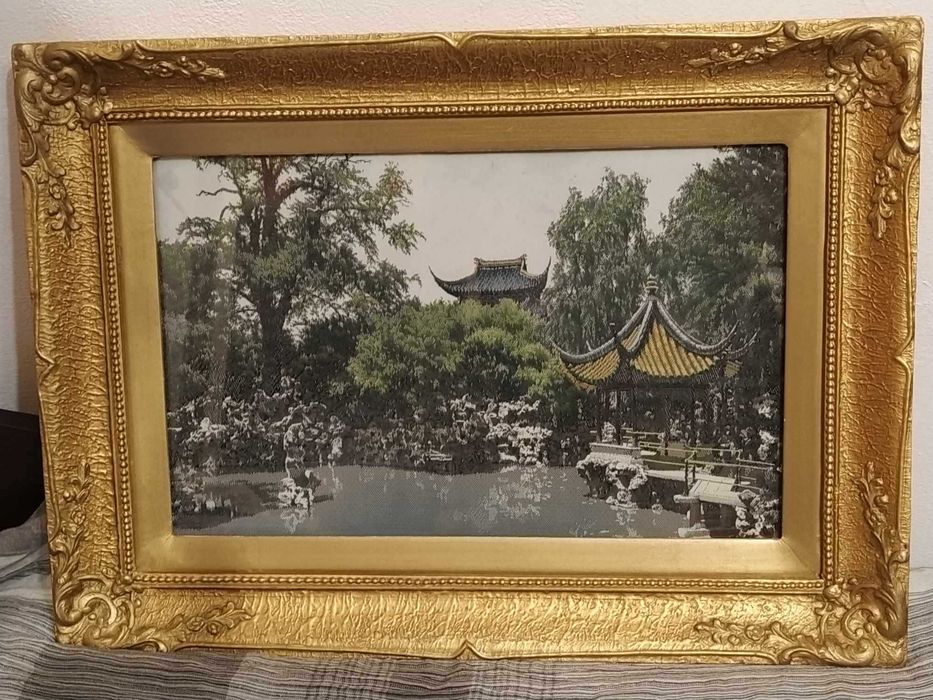 Винтидж машинен гоблен Хангжу, картина пейзаж, тъкана върху коприна