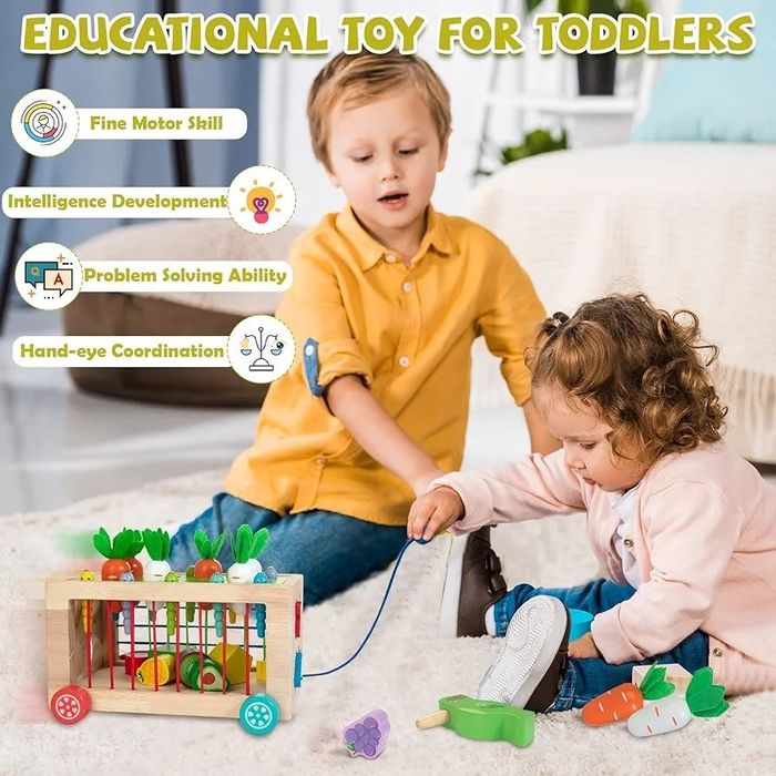 Дървена играчка куфар Монтесори 6в1 за двигателни и сензорни умения