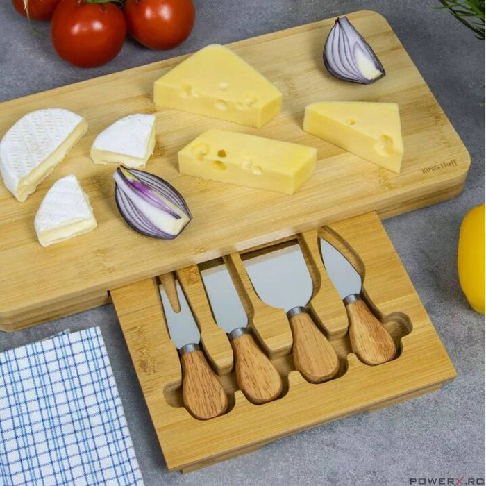 Tocator din bambus cu accesorii pentru branzeturi, tava servire,