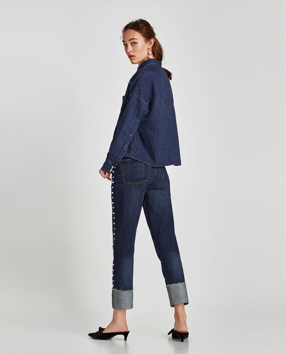 Zara дънкова риза с копчета перли