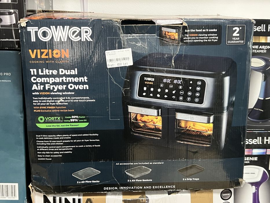 Air Fryer Dublu Tower VIZION 11L, 2400W, Geam Transparent