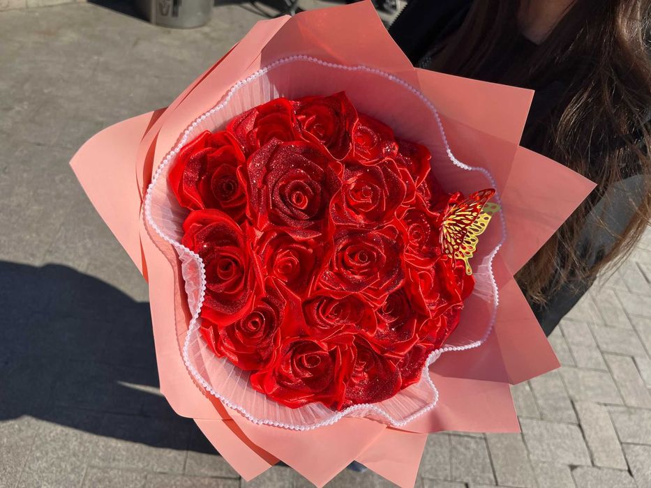 Buchete de trandafiri artificiali Flori satin rosu roz cu sclipici