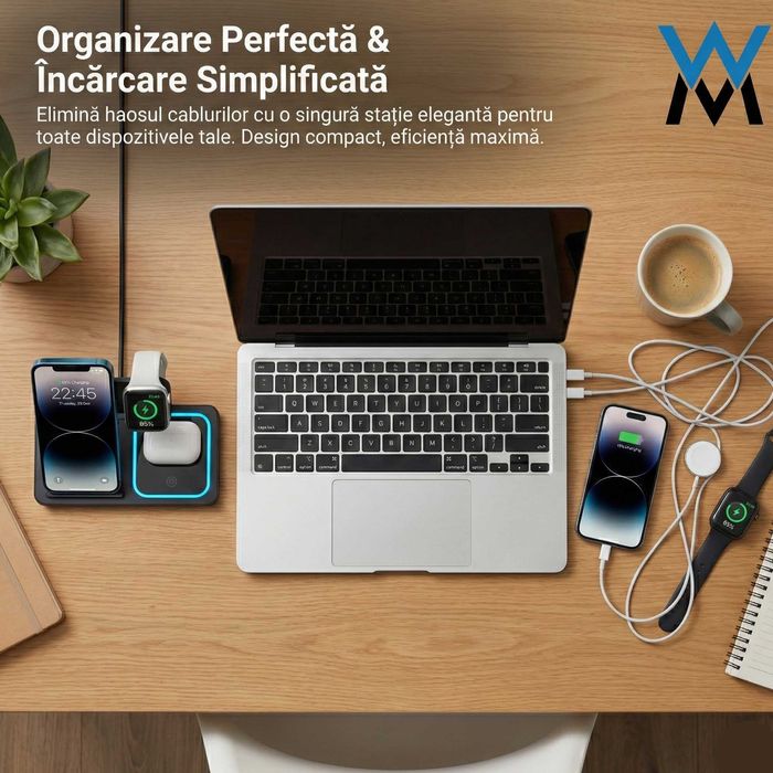 Statie Incarcare Wireless 3-in-1 Pliabila Wyred by Monga Qi 15W Alb