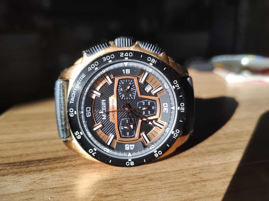 Мъжки часовник MEGIR, японски кварц, хронограф,  черен с розово злато