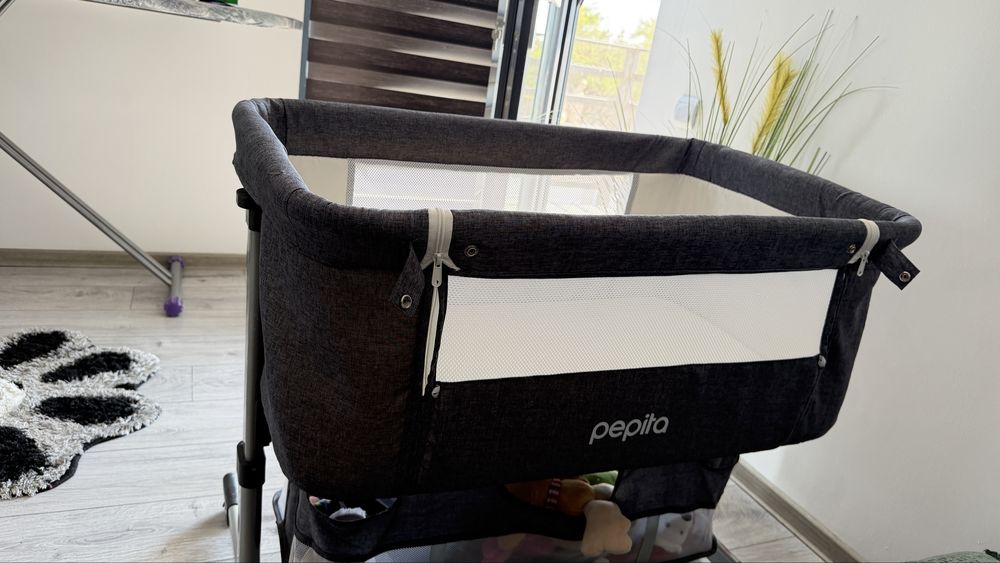 Pătuț Co-sleeper cu Saltea și Coș de Depozitare Gri