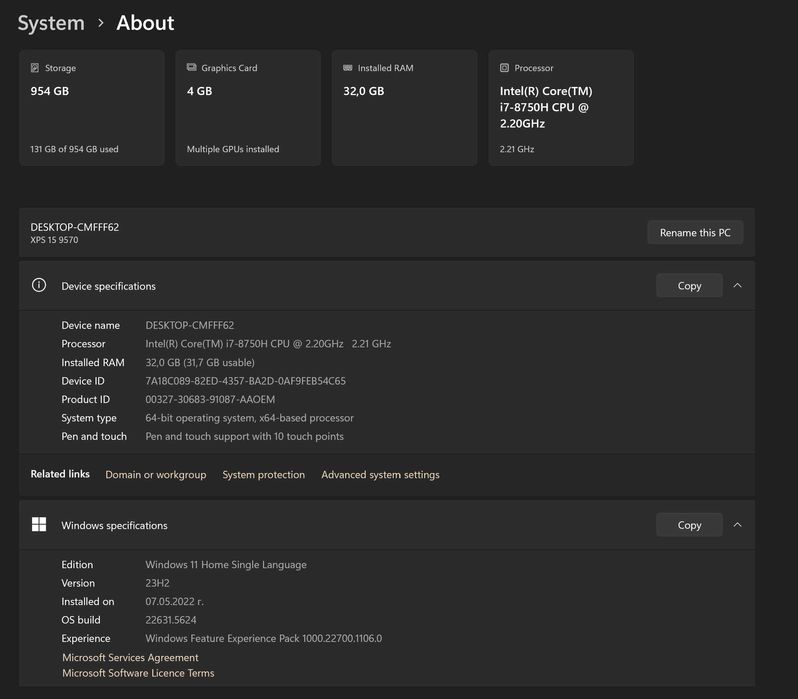 Dell XPS 15 9570 - Intel Core i7-8750H