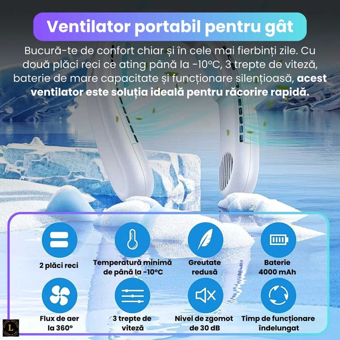 Ventilator portabil cu placi reci, racire 3D 720°,4 zone de ventilatie