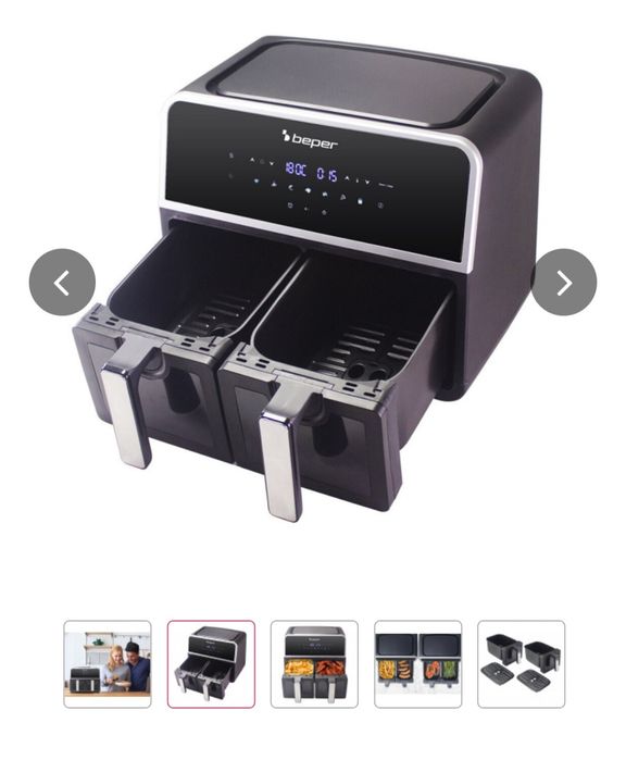 Фритюрник с горещ въздух Beper P101FRI090, 9L, Две кошници, 7 програми, Отложен старт, Сив/черен