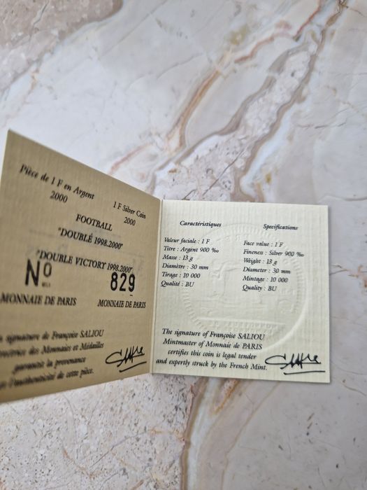 Сребърна монета  1 франк 2000г футбол