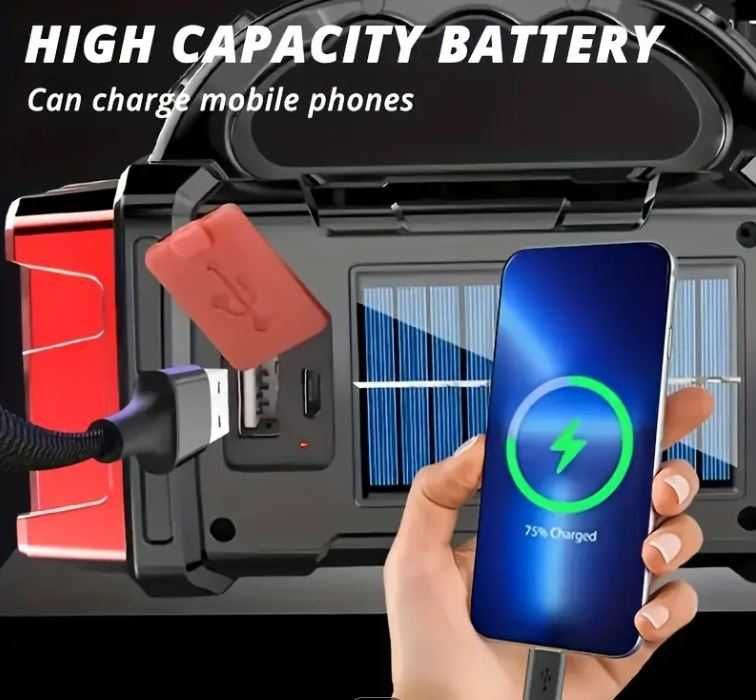 Универсален фенер със слънчев панел и 1500mAh акумулаторна батерия
