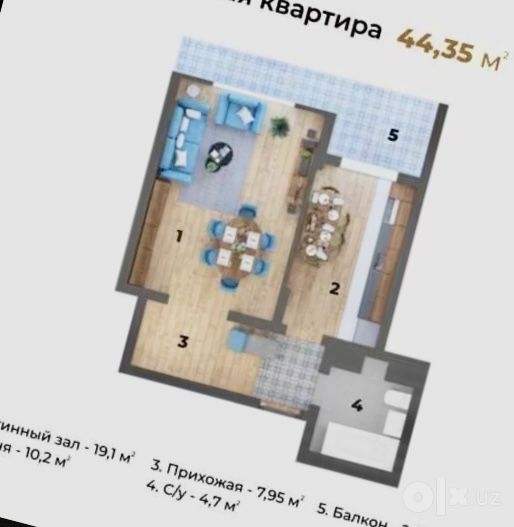 1-комнатная квартира Яккасарай, ЖК Premier House, 44 м², 4/9 этаж