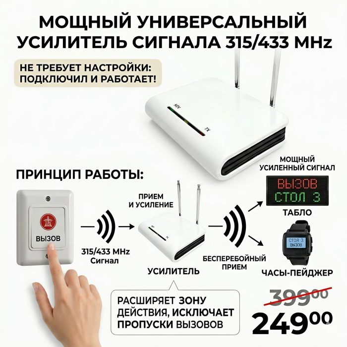 Усилитель сигнала для Кнопок Вызова 315/433mhz Универсальный