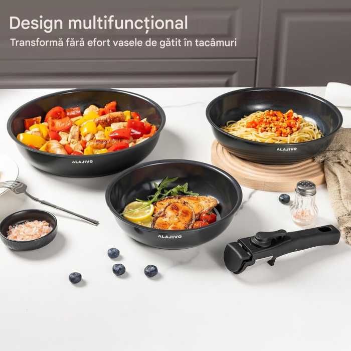 Set 3 tigăi cu mâner detașabil 20/24/28cm ceramică antiaderentă Inducție & cuptor - Alajivo