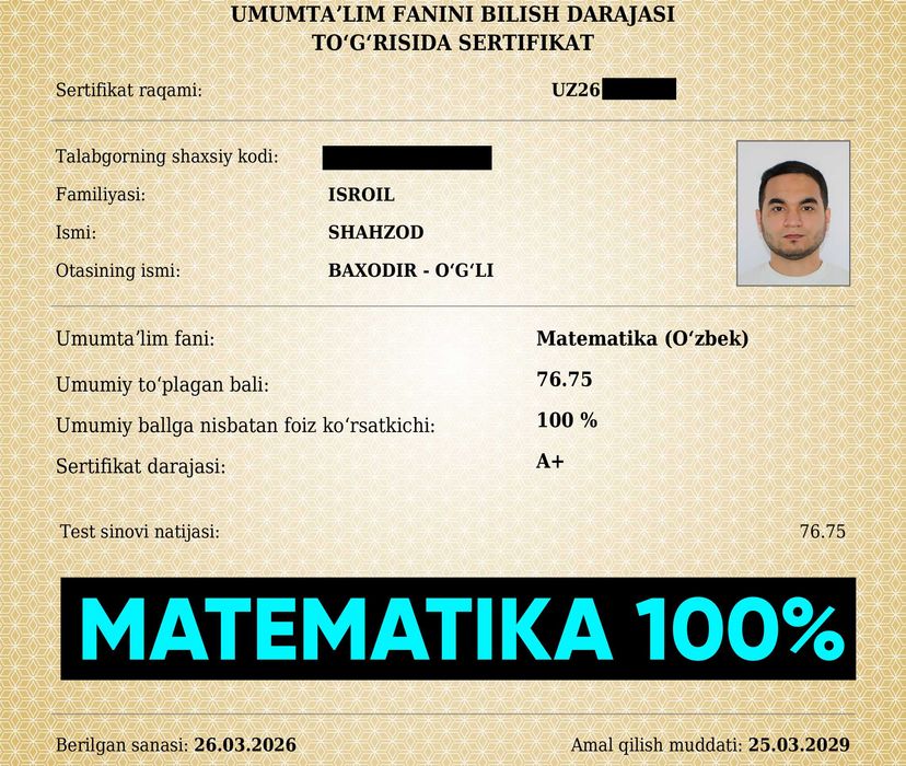 Matematika Milliy Sertifikat A+ 100%