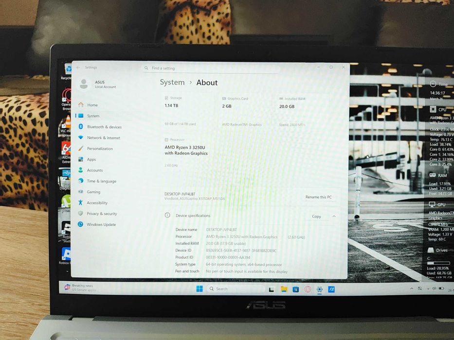 Laptop Asus Vivobook X515DA/AMD Ryzen 3/Radeon Graphics/SSD