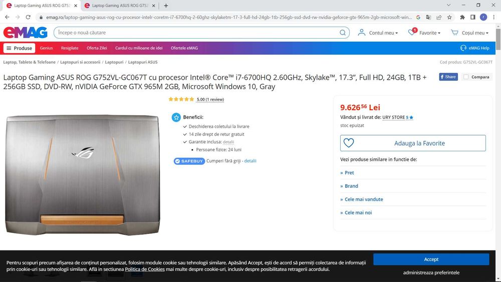 laptop gaming Asus Rog 17", intel core i7 + mouse + tastatura + cooler