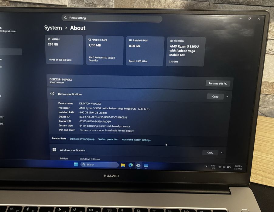 Laptop Huawei MateBook D15 Ryzen 5 / 8GB RAM / SSD 256GB / Windows 11