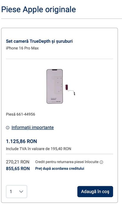 Camera frontala TrueDepth FaceID iPhone 16 Pro Max