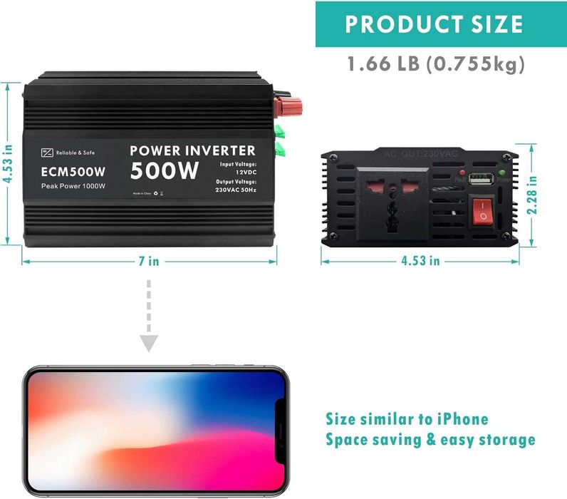 ECM 500 W модифициран синусоидален захр. инвертор DC 12 V към AC 230 V