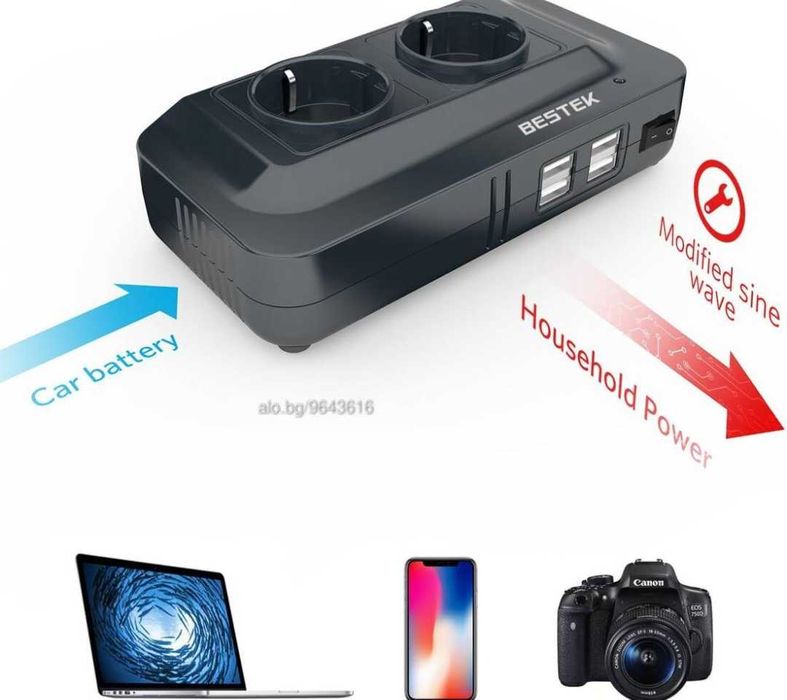 Инвертор 200W 11-15V DC 220-240V AC 4USB две гнезда контакт BESTEK TUV