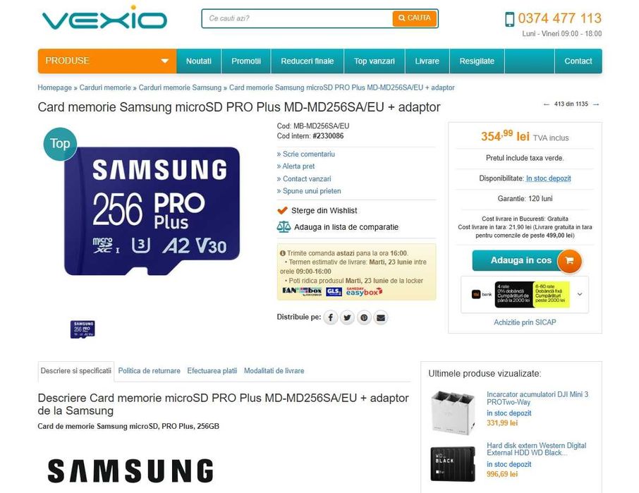Card de memorie Samsung microSD, PRO Plus, 256GB, 160MB/s + adaptor
