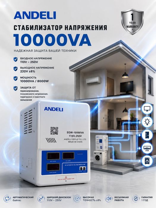 ANDELI 15 000 VA kuchlanish stabilizatori
110–250V
