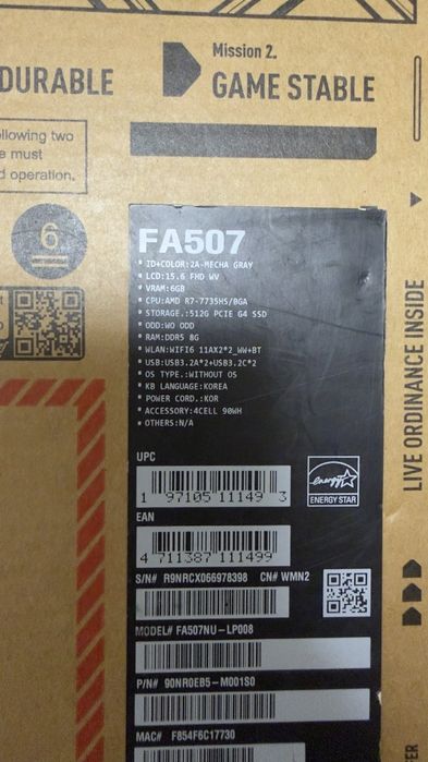 Игровой ноутбук ASUS TUF A15/Reyzn 7-7735HS/RTX4050 6гб/ОЗУ 16гб/SSD 5