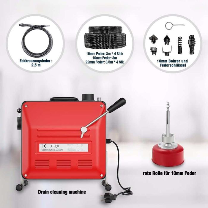 Mașină electrică Profesionala Anbull pentru desfundat țevi, 850 W, cu spirale de 14 m×22 mm, 14,5 m×16 mm și 5m ×10 mm