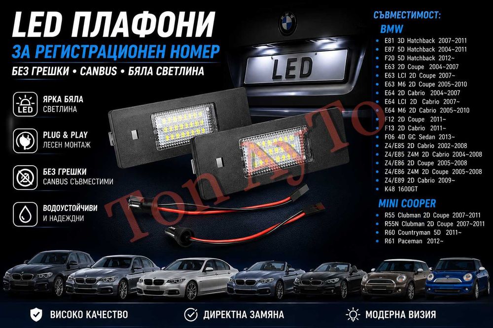 LED Лед Плафони За Регистрационен Номер БМВ Е81 Е87 F20 E63 F06 F12 F13 Z4 E85 / E86 / E89  K48 1600GT BMW / MINI COOPER R55 R60 R61