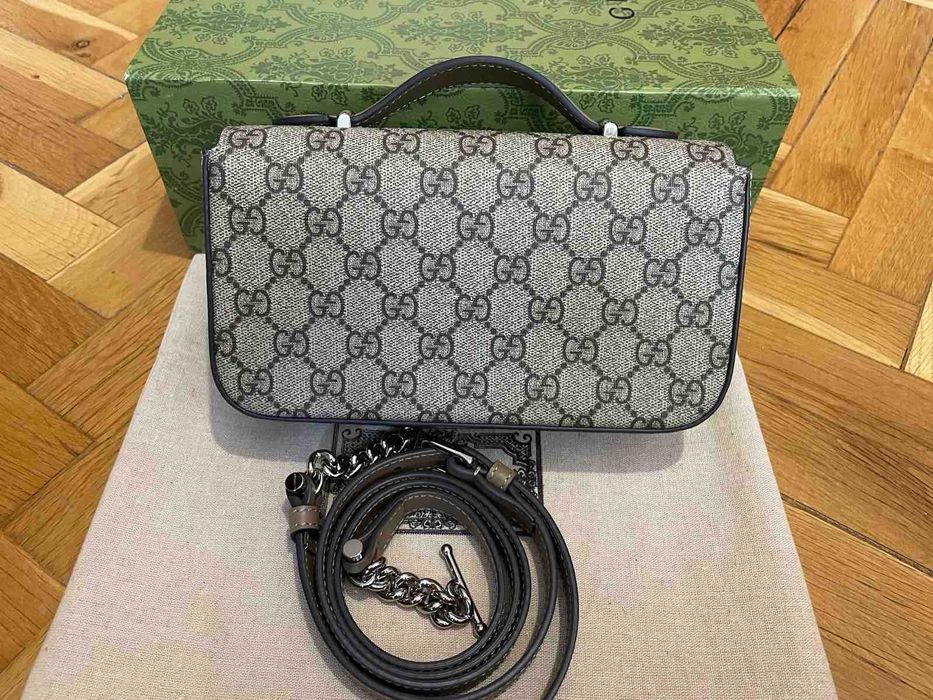 Дамска Малка Чанта Gucci Гучи Petite Щампован Canvas Сребърно GG лого
