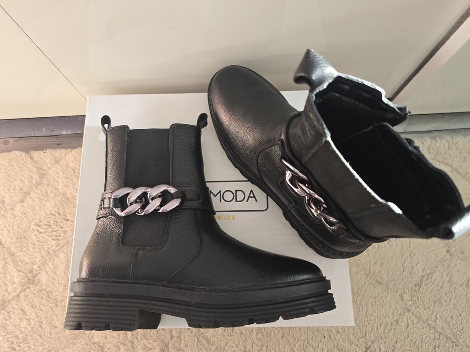 Ghete Chelsea cu lanț din piele naturala