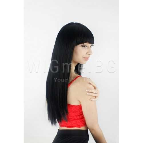 Дълга права черна перука с бретон Амбър