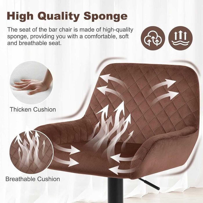 Set 2 scaune de bar maro, catifea, reglabile pe inaltime, rotative 360° – noi