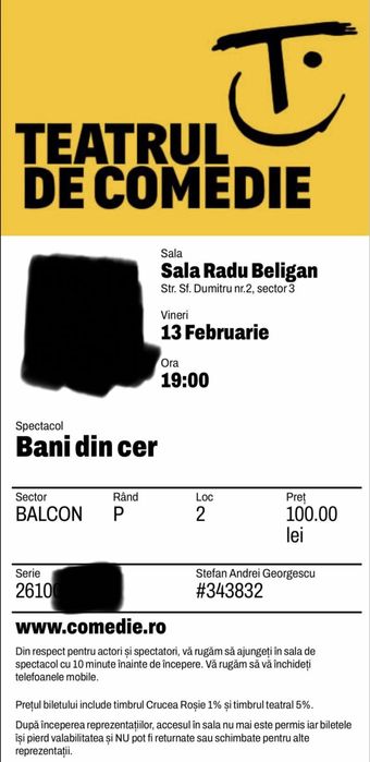 2 Bilete la teatru Bendeac - Bani din cer