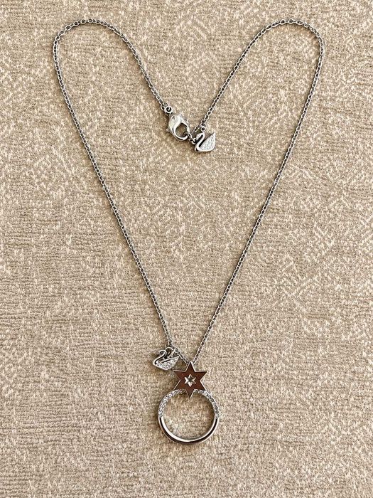 Colier Swarovski damă argintiu cu pandantiv statement stea, cerc și lebădă cu cristale, lanț fin și cutie originală