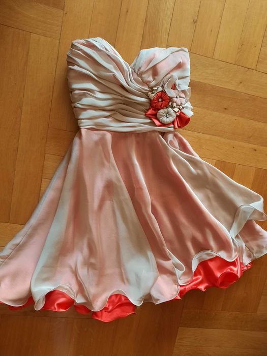 Rochie ocazie bej,cu corset,din voal, mas.38 (1)