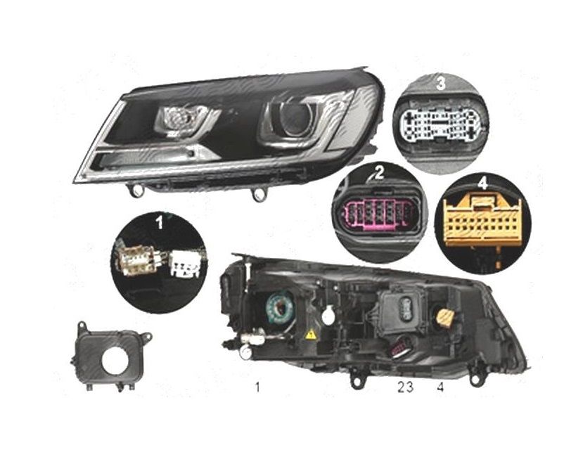Far VW Touareg (7P5), 2014-2018, stanga/dreapta, bi-xenon; cu functie mascare faruri faza lunga; cu lumina timp de zi, tip LED; D3S+W5W+WY21W; electric; fara bec descarcare; fara ballast; fara unitate control LED; cu motor; xenon; cu lumina viraje