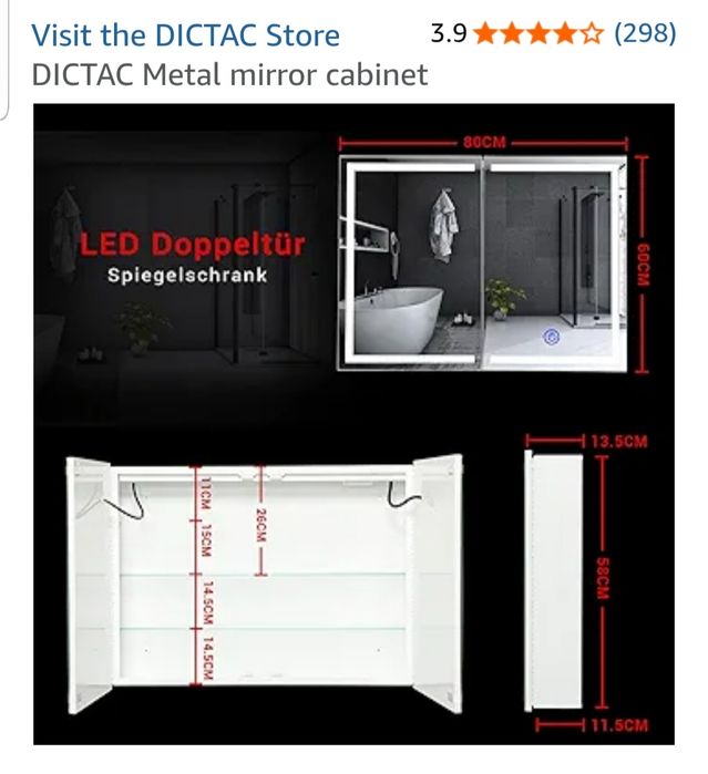 Dulap de baie metalic cu oglinda cu led cu dezaburire 80 x 60 x 14 cm nou pret 450 de lei