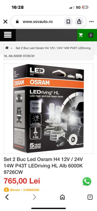 set 2 buc led osram h4 12v / 24v 14w p43t ledriving hl alb 6000k 9726cw
